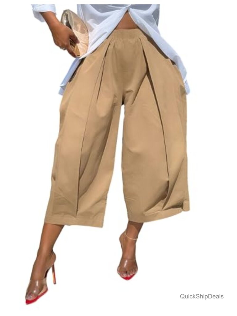 High Waisted Wide Leg Cropped Pants Pleated Ankle Trousers with Pockets